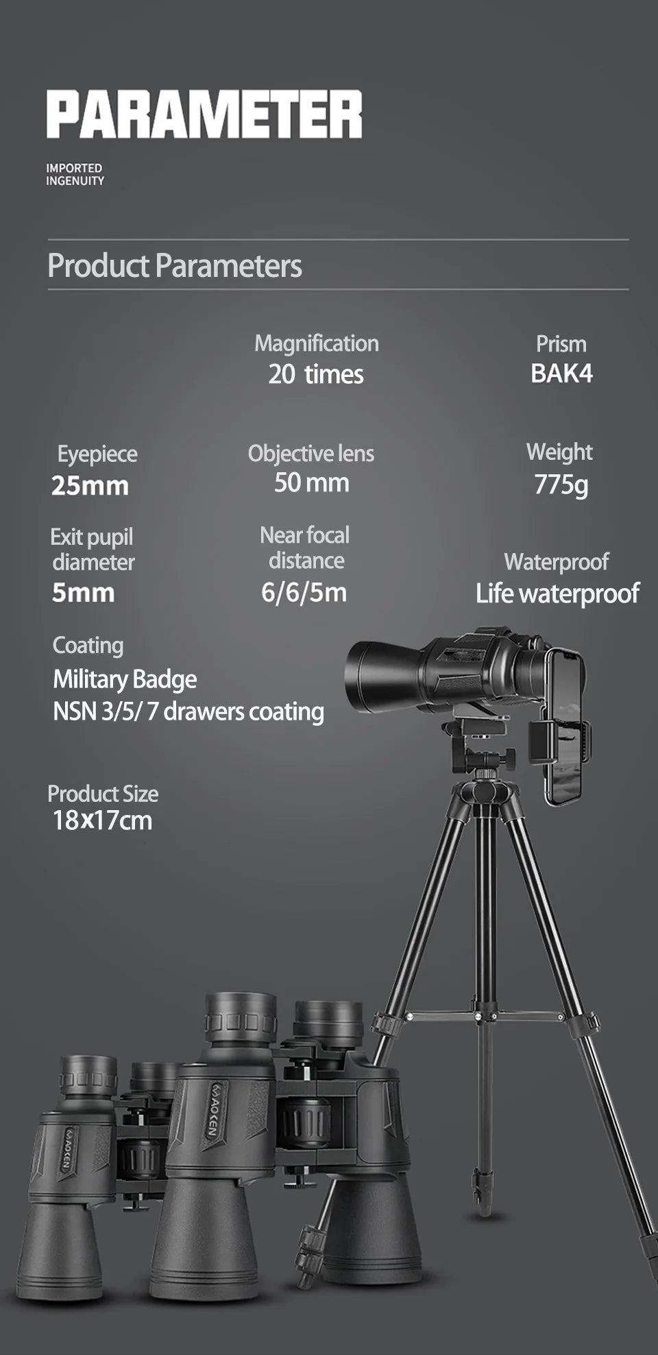 20x50 HD BAK4 Military Binoculars – Long-Range Zoom Telescope for Outdoor Use